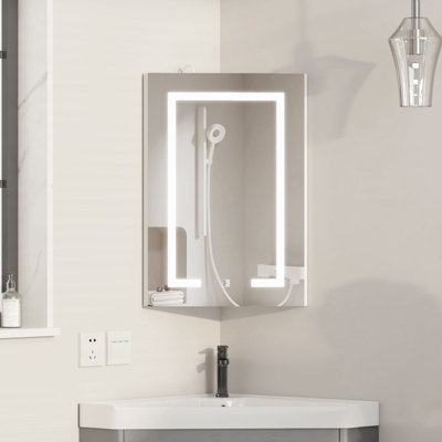 B&Q -  Corner Bathroom Mirror Cabinet With Led Light And Electricity Wall Mounted 40 X 60 Cm