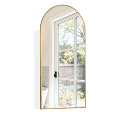 B&Q -  Arch Metal Framed Bathroom Mirror Cabinet With Storage Brushed Gold 3 Glass Shelves Wall Mounted Recessed 40 X 80 Cm