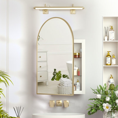 B&Q -  Arch Metal Framed Bathroom Mirror Cabinet Brushed Gold 51 X 76 Cm Wall Mounted Recessed Curved