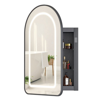 B&Q -  Arch Black Bathroom Mirror Cabinet With Led Lights 3 Color And 2 Glass Shelves Wall Mounted Recessed 42 X 68 Cm