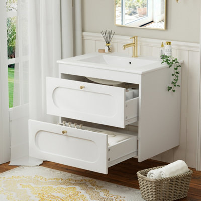 B&Q -  Wall Hung Under Sink Bathroom Cabinet With Ceramic Sink Wash Basin And 2 Soft Close Drawer 600 mm White