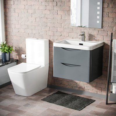 Nes Home Merton 600mm Wall Hung Vanity Basin Unit & Square Rimless Close Coupled Toilet Grey from B&Q