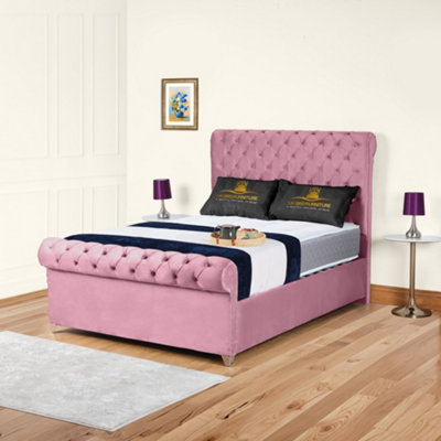UKBEDFURNITURE Chesterfield Sleigh Pink Plush Velvet  Gas Lift Ottoman Storage Bed With 10 Inch Orthopedic Mattress48 Inch Headboard from B&Q