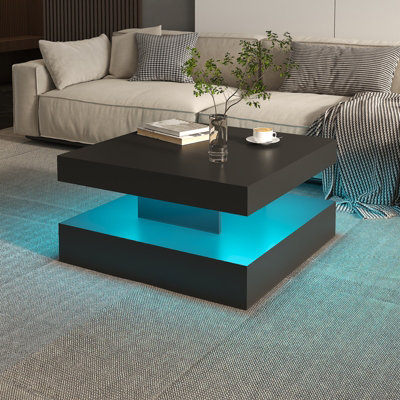 Keepreaper Sleek Black Square Coffee Table With Storage And Led Light 2-Tier Design For Modern Living Room from B&Q