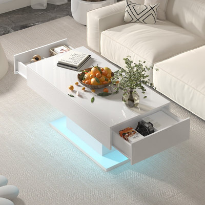 Keepreaper Sleek White Led Coffee Table With 2 Storage Drawers For Living Room from B&Q