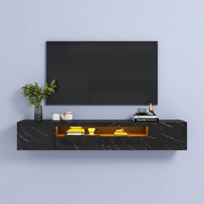 B&Q -  Black Tv Unit High Gloss Floating Tv Stand With Led Light And Storage Cabinet For Up To 80 Inch Tv