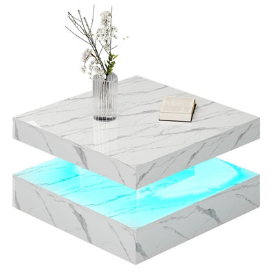 Keepreaper Modern White Marble Two Tier Square Coffee Table With Led Light Storage For Living Room Dining from B&Q