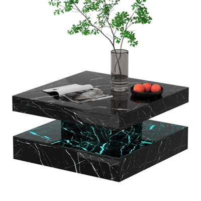 Keepreaper Black Marble Square Coffee Table With Led Light And Storage 2-Tier Square Middle Center Table For Living Room Home from B&Q