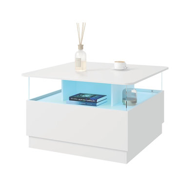 Keepreaper Modern White Square Coffee Table With Two Spacious Drawers Led Light And Storage For Living Room Home Office from B&Q