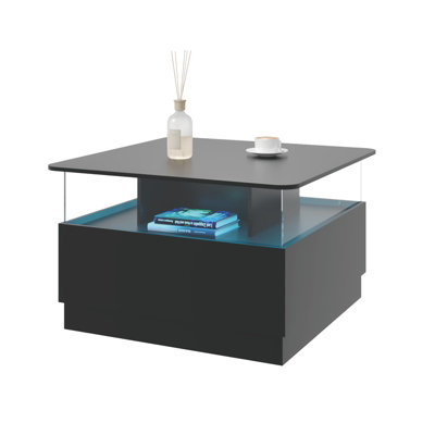 Keepreaper Black Coffee Table With 2 Drawers Led Light And Storage Square Coffee Table 2 Spacious Drawers For Living Room from B&Q