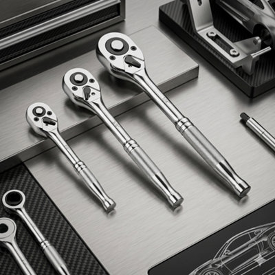 3 Pieces Reversible Ratchet Wrench Set ,1/43/81/2 Inch Socket Handle from B&Q