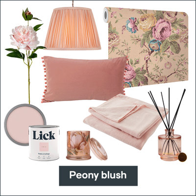 A collage of "Peony Blush" themed items: a pillow, lamp, wallpaper, paint can, flower, blanket, and diffuser, embodying soft pink hues.