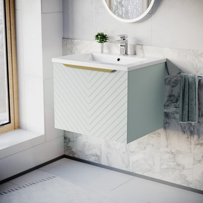 Nes Home Green 600Mm Wall Hung Drawers Basin Vanity Brushed Brass Handle