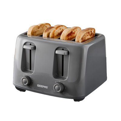 Geepas 4 Slice 1400W Bread Toaster With 6 Level Browning Control Removable Crumb Tray, Cancel Function, Cord Storage - Grey