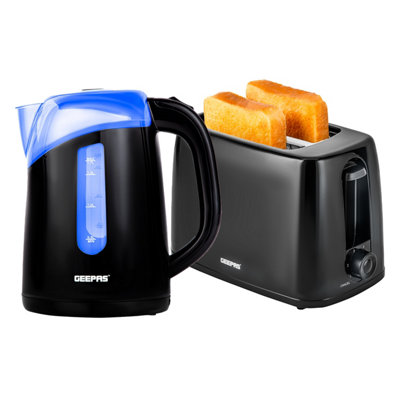 Geepas 650W 2 Slice Bread Toaster & 2200W Illuminating Electric Kettle Combo Set, 2 Year Warranty- Black