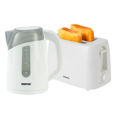 Geepas Kettle And Toaster Set 2200W Illuminating 650W 2 Slice Bread Toaster, White