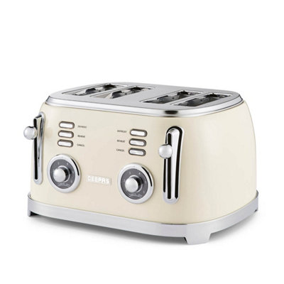 B&Q -  Retrovive 4 Slice Toaster Extra Wide Slots 6 Browning LevelsCream