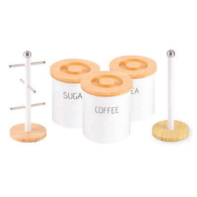 Royalford 5 Piece Kitchen Storage Set Canisters Paper Roll Holder Mug Holder in White - Image 5