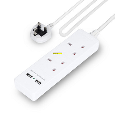 Geepas 2 Gang Extension Lead, 2M Cable With 2 Usb Ports White
