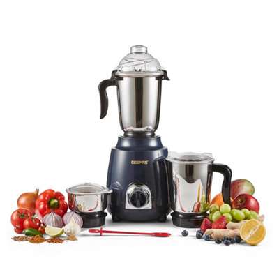Geepas 600W 3-In-1 Indian Mixer Grinder Stainless Steel Jars & Blades Dry & Wet, Blue