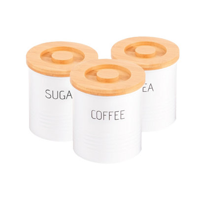Royalford Tea Coffee & Sugar Canisters Set Of 3Kitchen Canister Set With Airtight Bamboo LidWhite from B&Q