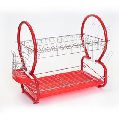 Royalford Kitchen 2 Tier Dish Rack Dish Drainer Dish Drying Rack, Red