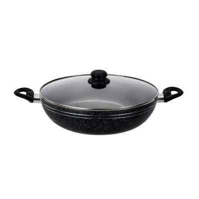 B&Q -  26 Cm Non-Stick Induction Wok Pan With Glass Lid Deep Cooking Frying Pan Kadai