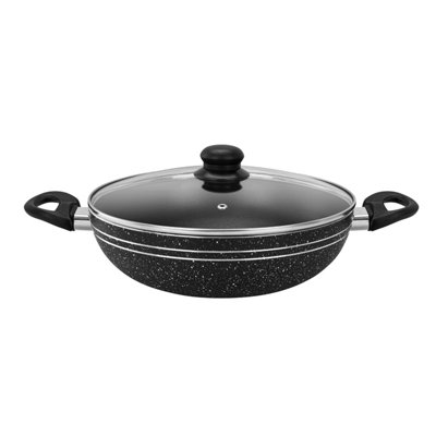 B&Q -   28 Cm Non-Stick Induction Wok Pan With Glass Lid Deep Cooking Frying Pan Kadai
