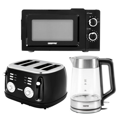 Geepas Black Illuminating Kettle, Toaster & Oven Set, 4 Slice Toaster 20L Microwave Oven, 1.7L