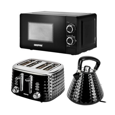 Geepas Argyle Collection 1.5L Kettle4 Slice Toaster And 20L Solo Microwave SetBlack