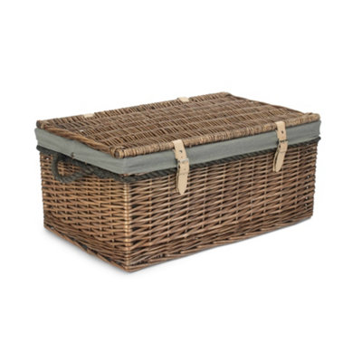 62cm Antique Wash Picnic Basket Grey Cotton Lining