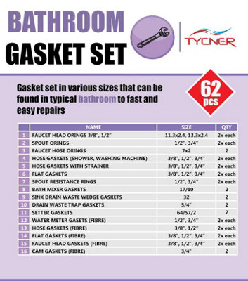 62pcs of Bathroom Gaskets Universal Rubber Fibre Washer Set Various Sizes Types