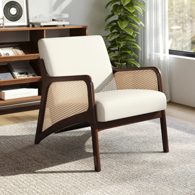 63 x 73.5 x 79cm Beige Corduroy Armchair with Rattan Armrest and Wooden Legs