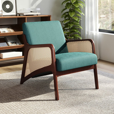 63 x 73.5 x 79cm Green Corduroy Armchair with Rattan Armrest and Wooden Legs