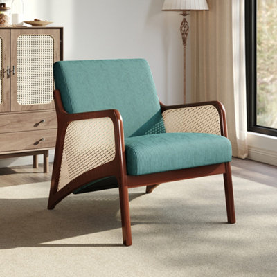 63 x 73.5 x 79cm Green Corduroy Armchair with Rattan Armrest and Wooden Legs