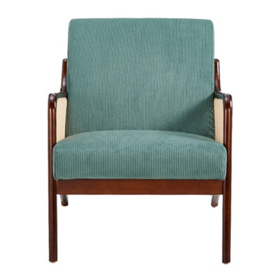 63 x 73.5 x 79cm Green Corduroy Armchair with Rattan Armrest and Wooden Legs