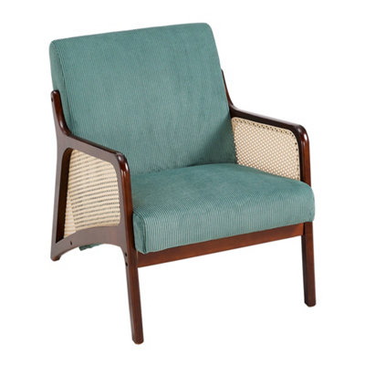 63 x 73.5 x 79cm Green Corduroy Armchair with Rattan Armrest and Wooden Legs