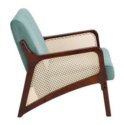 63 x 73.5 x 79cm Green Corduroy Armchair with Rattan Armrest and Wooden Legs