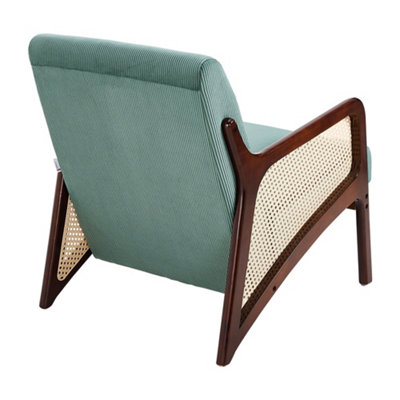 63 x 73.5 x 79cm Green Corduroy Armchair with Rattan Armrest and Wooden Legs