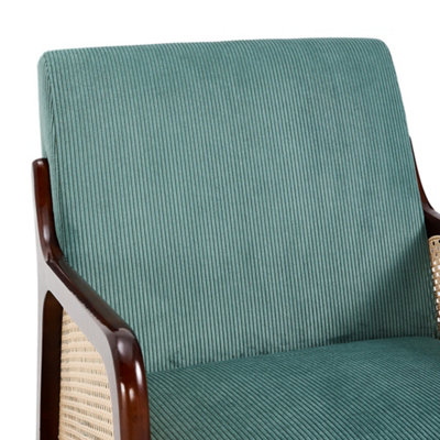 63 x 73.5 x 79cm Green Corduroy Armchair with Rattan Armrest and Wooden Legs