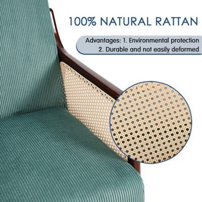 63 x 73.5 x 79cm Green Corduroy Armchair with Rattan Armrest and Wooden Legs