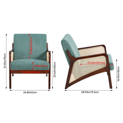 63 x 73.5 x 79cm Green Corduroy Armchair with Rattan Armrest and Wooden Legs