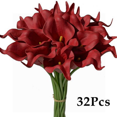 Amorly 32Pcs Red Artificial Flowers Pu Realistic Bouquet For Elegant Home Decor Centerpiece Wedding Bridal Bouquet Table Decoration