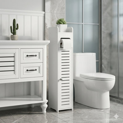 Wooden White Free Standing Toilet Paper Roll Holder Bathroom Storage Cabinet from B&Q