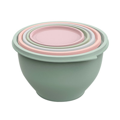 B&Q -  5 Pcs Gray & Pink Plastic Nesting Mixing Bowl Set With Lids For Prepping Serving Baking Dishwasher And Microwave Safe
