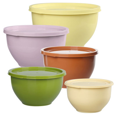 B&Q -  5 Pcs Olive Green Plastic Nesting Mixing Bowl Set With Lids For Prepping Serving Baking Dishwasher And Microwave Safe