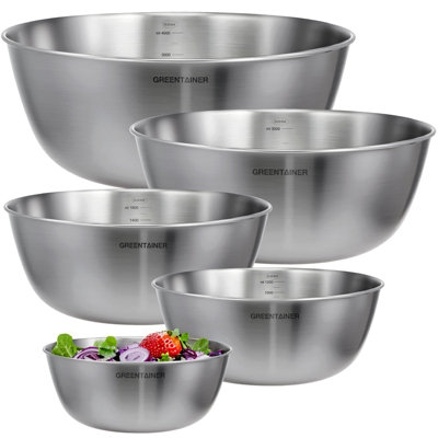 B&Q -  5 Pcs 5.2L Stainless Steel Nesting Bowl Mixing Bowl Set For Salad Baking Prepping Cooking Serving Dishwasher Safe