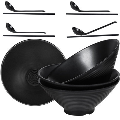 Greentainer 4 Piece 1600Ml Large Black Japanese Style Noodle Ramen Soup Bowl Set With Chopsticks And Spoons Dishwasher Safe from B&Q