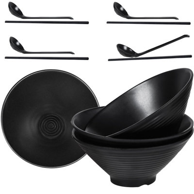 Greentainer 4 Piece 40 Ounce Large Black Japanese Style Noodle Ramen Soup Bowl Set With Chopsticks And Spoons Dishwasher Safe from B&Q