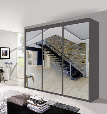  - Milan Sliding Mirror Door Wardrobe With Hanging Rails & Shelves ( Grey 250 Cm )